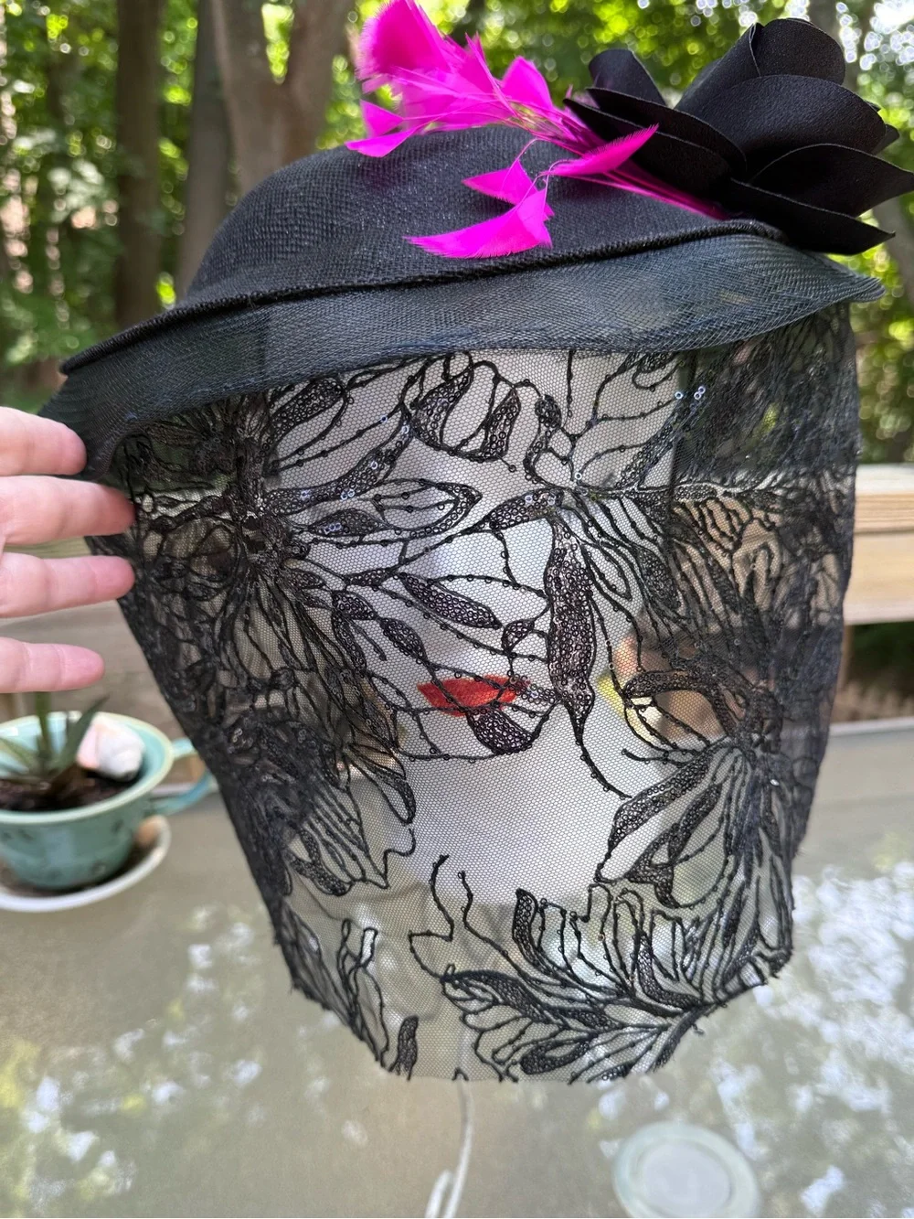 Black Veiled Fascinator Hat with Pink Feather Accent GOTH, VICTORIAN, THEATER